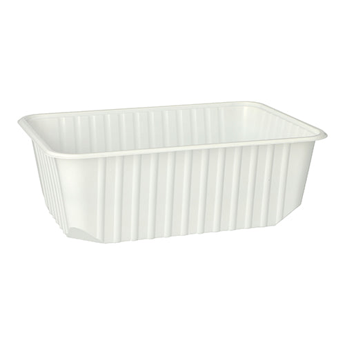 O copo de embalagem Starpak 50 é um recipiente de armazenamento PP branco, retangular de 1 litro (6,3 × 18,6 × 13,3 cm) com nervuras verticais nas laterais e cantos arredondados, disponível em um pacote de 50 unidades, mostrado sobre um fundo branco.