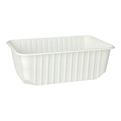 O copo de embalagem Starpak 50 é um recipiente de armazenamento PP branco, retangular de 1 litro (6,3 × 18,6 × 13,3 cm) com nervuras verticais nas laterais e cantos arredondados, disponível em um pacote de 50 unidades, mostrado sobre um fundo branco.