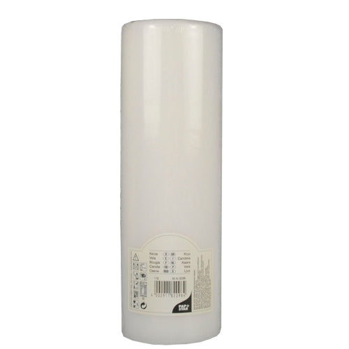 Uma vela cilíndrica branca PAPSTAR Ø 80 mm com topo plano (250 mm de comprimento, filme retrátil, 1 peça) da PAPSTAR GmbH está nova, com superfície lisa e etiqueta na base.