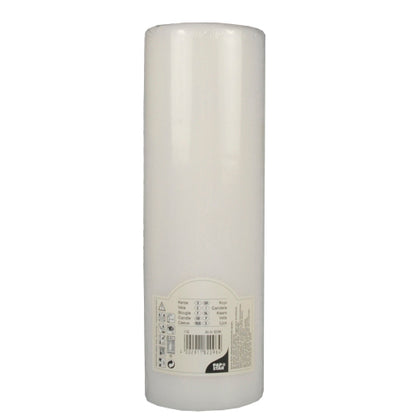 Uma vela cilíndrica branca PAPSTAR Ø 80 mm com topo plano (250 mm de comprimento, filme retrátil, 1 peça) da PAPSTAR GmbH está nova, com superfície lisa e etiqueta na base.