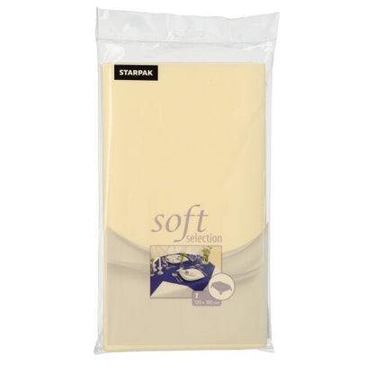 Uma embalagem de plástico transparente com a inscrição "Starpak toalha de mesa, semelhante a tecido, tecido não tecido soft selection" mostra uma mesa de jantar posta e indica o tamanho de 120 x 180 cm. O produto é de cor creme e destaca-se pela sua textura semelhante a tecido. Marca: Starpak.