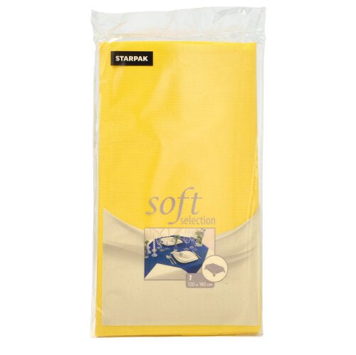 A toalha de mesa Starpak "Soft Selection" é uma toalha de mesa de tecido não tecido semelhante a tecido no tamanho 120 x 180 cm, cuja embalagem exibe uma imagem de mesa de jantar e o tamanho do produto de forma clara.