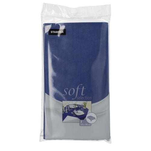A toalha de mesa Starpak "soft selection" (semelhante a tecido, tecido não tecido, 120x180 cm) é mostrada na sua embalagem de marca - um saco plástico transparente e selado com uma pequena imagem da toalha sobre uma mesa de jantar.