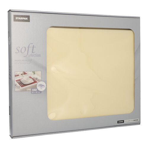 Uma caixa de conjuntos de mesa Starpak Soft Selection de Vlies semelhante a tecido contém 100 conjuntos em creme no formato 30 x 40 cm. A embalagem parcialmente transparente mostra detalhes - ideal para decoração de mesa elegante ou guardanapos combinando.