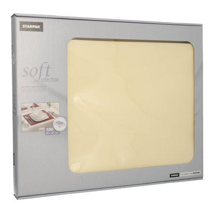 Uma caixa de conjuntos de mesa Starpak Soft Selection de Vlies semelhante a tecido contém 100 conjuntos em creme no formato 30 x 40 cm. A embalagem parcialmente transparente mostra detalhes - ideal para decoração de mesa elegante ou guardanapos combinando.