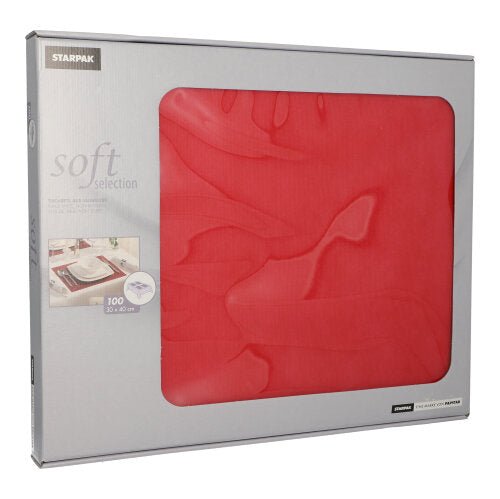 Uma caixa prateada com a inscrição "Starpak Soft Selection" contém 100 conjuntos de mesa vermelhos, semelhantes a tecido Vlies (30 x 40 cm) com janela de plástico transparente - ideal para decoração de mesa elegante ou como conjuntos de lugar estilosos.