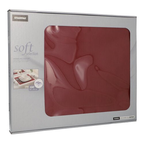 A caixa prateada Starpak contém 100 conjuntos de mesa vermelhos, semelhantes a tecido Vlies (30x40cm) da linha "Soft Selection". Uma janela de visualização mostra os conjuntos de mesa estilosos, perfeitos para decoração de mesa elegante.