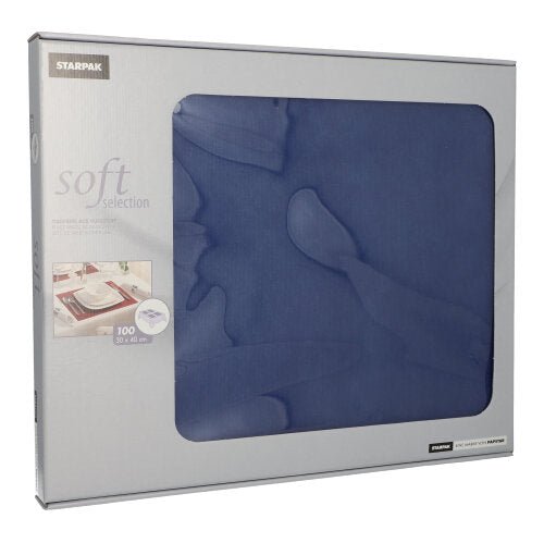 Uma caixa prateada Starpak com a inscrição "Soft Selection" exibe conjuntos de mesa Vlies semelhantes a tecido em azul escuro (30 x 40 cm), com uma imagem de decoração de mesa elegante e uma janela transparente, através da qual 100 peças no interior são visíveis.