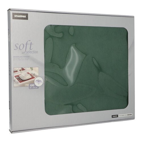 Uma caixa de Starpak 100 conjuntos de mesa, semelhante a tecido, Vlies "Soft Selection" (30 x 40 cm), possui uma janela transparente e uma foto de uma decoração de mesa elegante na frente.