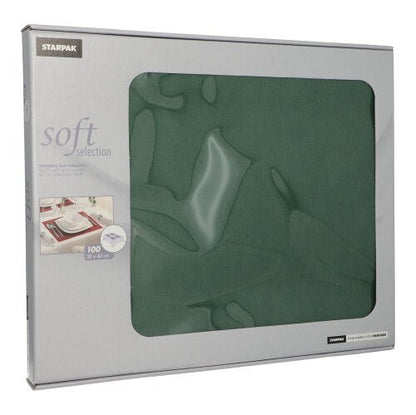 Uma caixa de Starpak 100 conjuntos de mesa, semelhante a tecido, Vlies "Soft Selection" (30 x 40 cm), possui uma janela transparente e uma foto de uma decoração de mesa elegante na frente.