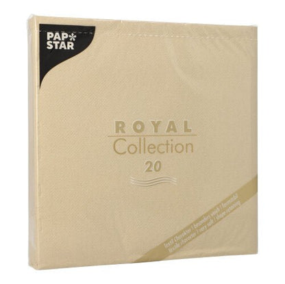 Um bege PAPSTAR 20 guardanapos "ROYAL Collection" 1/4-dobra (40x40cm) da PAPSTAR GmbH com texto dourado e etiqueta preta no canto superior esquerdo - ideal para uma decoração de mesa elegante.