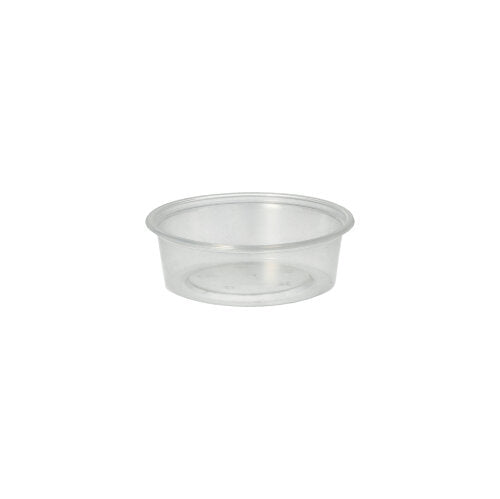O copo de molho Starpak 50, PP redondo Ø 7,1 cm transparente, é um copo de molho redondo e claro com fundo plano e lados inclinados - perfeito para o serviço de catering.