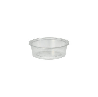 O copo de molho Starpak 50, PP redondo Ø 7,1 cm transparente, é um copo de molho redondo e claro com fundo plano e lados inclinados - perfeito para o serviço de catering.