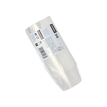 Um pacote com 50 copos de molho Starpak (PP, redondo, Ø 7,1 cm, transparente) está empilhado e envolto em plástico transparente, com uma etiqueta branca com detalhes do produto e código de barras - perfeito para serviços de catering ou para uso como copo de molho.