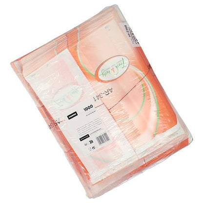 Uma embalagem de filme retrátil hermética da Starpak contém 1.000 sacos de faixa de visualização brancos (33x16x8,7 cm) com a inscrição "Fresh & Tasty". Informações do produto e código de barras são visíveis do lado de fora.