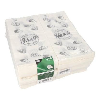 Uma embalagem com 1.000 PAPSTAR sacos de carne da PAPSTAR GmbH de papel kraft com rosca, com etiqueta verde e motivos pretos "Sempre fresco garantido" com frutas e legumes; ideal para talhos.