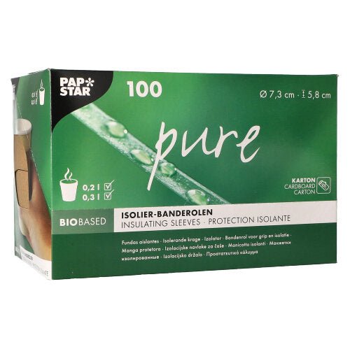 Uma caixa dispensadora verde e branca da PAPSTAR GmbH contém 100 bandas marrons "puras" para copos de bebidas quentes (Ø 7,3 cm), com informações do produto e símbolos na embalagem.