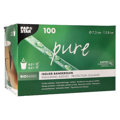 Uma caixa dispensadora verde e branca da PAPSTAR GmbH contém 100 bandas marrons "puras" para copos de bebidas quentes (Ø 7,3 cm), com informações do produto e símbolos na embalagem.
