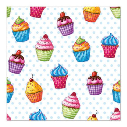 Um padrão contínuo de cupcakes coloridos com várias coberturas e decorações, inspirado no conjunto de design 5 de guardanapos 33x33cm 3-camadas da PAPSTAR GmbH, sobre um fundo branco com pontos azuis claros.