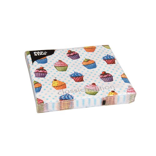 Um conjunto de 20 guardanapos da PAPSTAR GmbH (33x33 cm, 3-camadas, 1/4 dobrado) com um motivo de bolinhas azuis claras e cupcakes. Na frente, está impressa a inscrição "classic edition", e o logotipo da PAPSTAR está localizado no canto superior esquerdo para estilo e durabilidade adicionais.