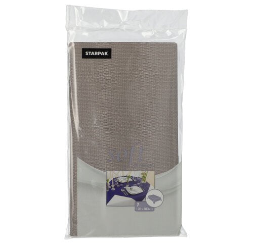 Uma toalha de mesa Starpak embalada, semelhante a tecido, tecido não tecido "Soft Selection" 120 cm x 180 cm, é mostrada em plástico transparente. Na frente estão uma mesa de jantar posta e detalhes do produto, no interior o material bege é visível.