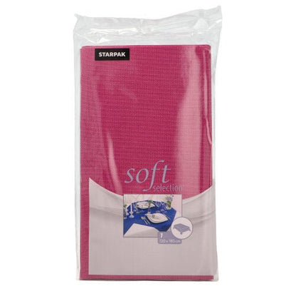 A toalha de mesa Starpak Soft Selection de tecido não tecido semelhante a tecido nas medidas 120 x 180 cm é entregue na cor rosa com embalagem transparente e rótulo de mesa posta.