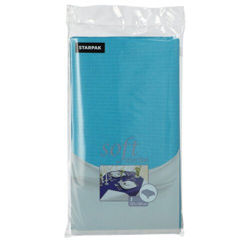 A toalha de mesa Starpak "Soft Selection" (120 x 180 cm) é entregue em uma embalagem selada de plástico transparente. O rótulo mostra uma mesa posta e detalhes do produto. Marca: Starpak.