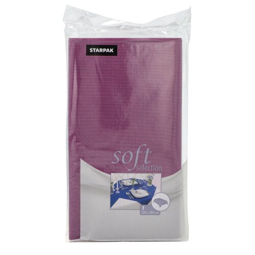 A toalha de mesa Starpak "Soft Selection" é uma toalha de mesa de tecido não tecido semelhante a tecido, 120 x 180 cm, nas cores lilás e branco, embalada em filme com a marca Starpak na frente.