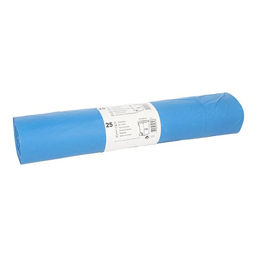 Um rolo de 25 sacos de lixo Starpak, LDPE 120 l (110 cm x 70 cm) em azul, com uma etiqueta branca no meio, que contém informações do produto e especificações.
