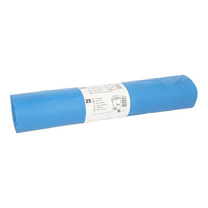 Um rolo de 25 sacos de lixo Starpak, LDPE 120 l (110 cm x 70 cm) em azul, com uma etiqueta branca no meio, que contém informações do produto e especificações.