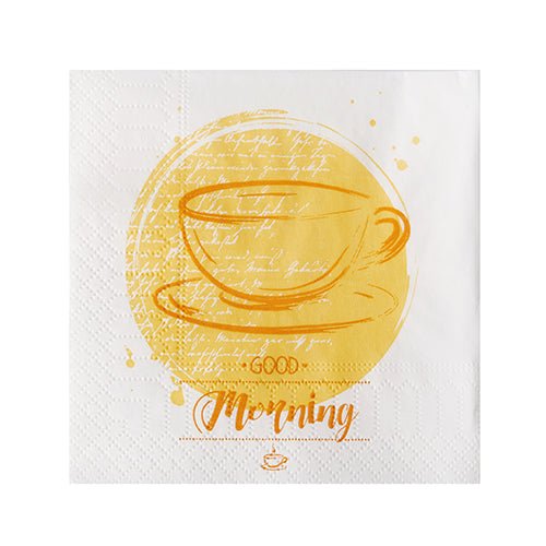 Os guardanapos brancos de 3 camadas (24 x 24 cm, com dobra de 1/4) da PAPSTAR A GmbH apresenta uma chávena e um pires amarelos com letras manuscritas e a inscrição «Bom dia» a laranja; embalagem com 200 unidades.