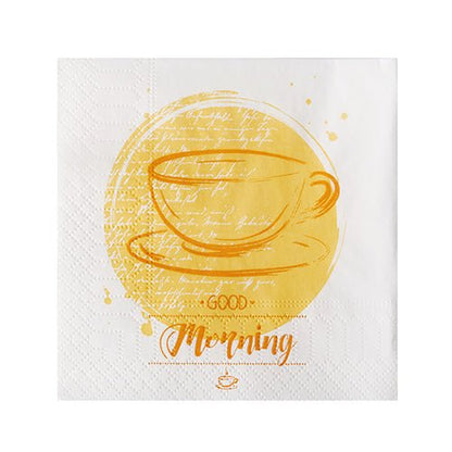 Os guardanapos brancos de 3 camadas (24 x 24 cm, com dobra de 1/4) da PAPSTAR A GmbH apresenta uma chávena e um pires amarelos com letras manuscritas e a inscrição «Bom dia» a laranja; embalagem com 200 unidades.
