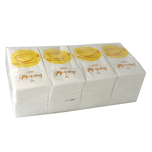 Um monte PAPSTAR de 250 guardanapos, 3 camadas 1/8 de dobra da PAPSTAR GmbH, cada um medindo 33 x 33 cm, com uma xícara de chá dourada e motivo "Good Morning", está embalado em plástico transparente.