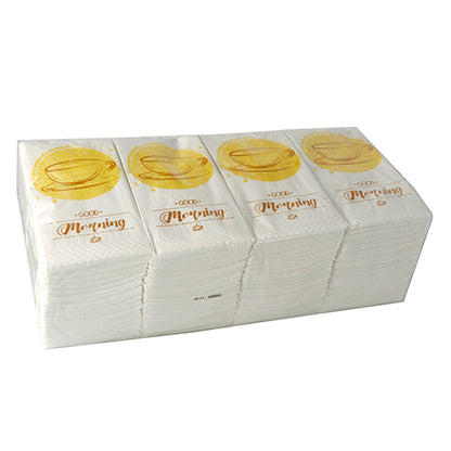 Um monte PAPSTAR de 250 guardanapos, 3 camadas 1/8 de dobra da PAPSTAR GmbH, cada um medindo 33 x 33 cm, com uma xícara de chá dourada e motivo "Good Morning", está embalado em plástico transparente.