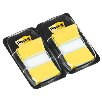 Zwei Packungen 3M Post-it® Index Haftstreifen, Standard (25,4 mm x 43,2 mm, 50 Stück pro Spender), werden in einem schwarzen Kunststoffhalter geliefert, jeweils mit rechteckigen, gebrauchsfertigen Haftstreifen.