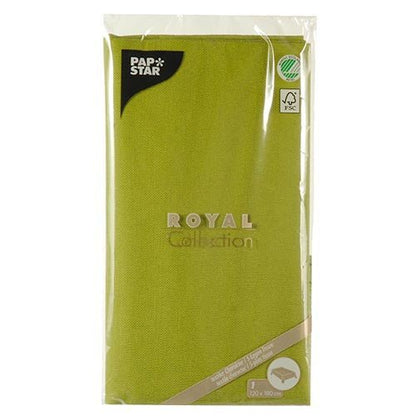Uma toalha de mesa da PAPSTAR GmbH da "ROYAL Collection" (120 x 180 cm) com branding visível e logotipos de certificação ecológica é perfeita para uma mesa elegantemente posta.