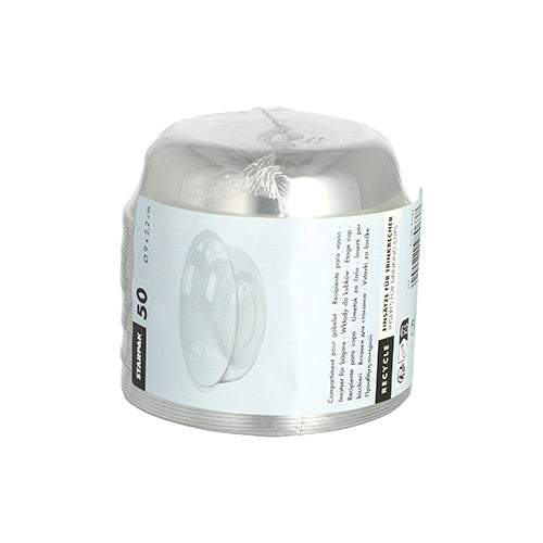 Uma pilha de 50 inserções redondas Starpak PET "Hurricane" (Ø 9 cm, 2,2 cm) em filme transparente com etiqueta branca. Ideal como inserções descartáveis ou PET para muitas ocasiões. Marca: Starpak.