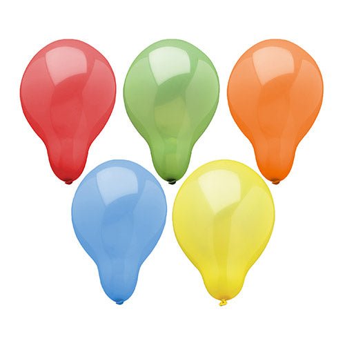 Cinco PAPSTAR balões de ar Ø 29 cm, sortidos por cores (vermelho, verde, laranja, azul, amarelo) da PAPSTAR GmbH estão dispostos em duas filas sobre um fundo branco. Na fila superior, há três balões, e na fila inferior, dois. Cada balão mostra um reflexo de luz.