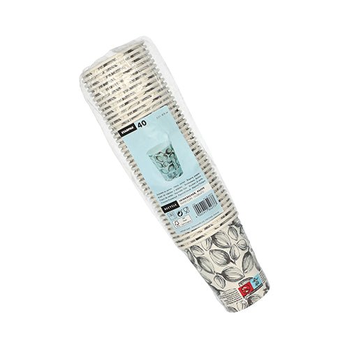 Um pacote com 40 copos descartáveis Starpak no design "Leaves" (0,2 l, Ø 8 cm, 9,1 cm, branco) de papel, embalados em filme plástico. O rótulo contém informações sobre o produto, um código de barras e a imagem de um copo com uma bebida.