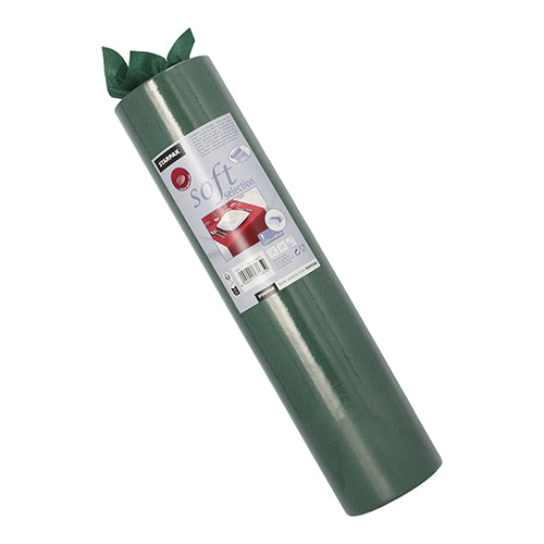 Um corredor de mesa Starpak verde enrolado, semelhante a tecido, velo "soft selection" (24 m x 40 cm), com um rótulo com informações do produto e uma imagem de um carro vermelho, está embalado cilindricamente, com um pouco de material sobressaindo no topo.