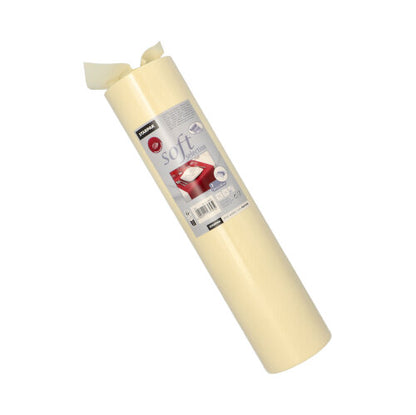 Sobre um fundo branco está um corredor de mesa Starpak enrolado, semelhante a tecido, velo "soft selection" (24 m x 40 cm), com rótulo com marca, instruções de uso e código de barras.