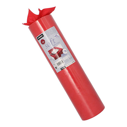 Um rolo de corredor de mesa Starpak, semelhante a tecido, velo "soft selection" (24 m x 40 cm), está em pé. No rótulo estão informações do produto e presentes embalados, enquanto o corredor macio está parcialmente desenrolado na parte superior.