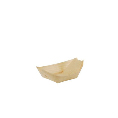 As 50 tigelas de finger food de madeira "pure" "barquinhos" da PAPSTAR GmbH são bandejas pequenas, ecológicas e leves de madeira com borda elevada e design simples – perfeitas para servir finger food. Mostrado sobre um fundo branco.