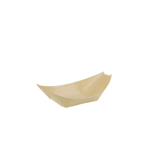 As 50 tigelas de finger food de madeira "pure" barquinhos da PAPSTAR GmbH são pequenas bandejas em forma de barco feitas de madeira clara, perfeitas para servir finger food de forma ecológica sobre um fundo branco simples.