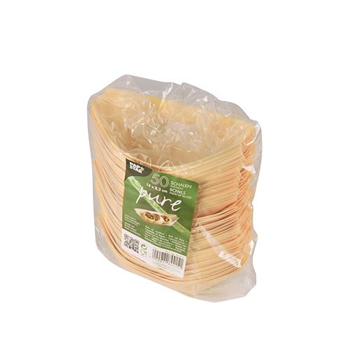 Um pacote com 50 tigelas de finger food de madeira "pure barquinhos" da PAPSTAR GmbH está embalado em plástico transparente e possui um rótulo na frente com informações do produto e uma imagem de uma tigela com alimentos sobre um fundo branco.