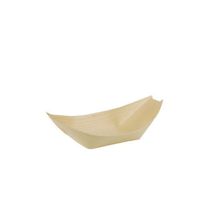 Uma pequena tigela descartável PAPSTAR 50 tigelas de finger food feitas de madeira sustentável "pure", em forma de barquinho com laterais elevadas da PAPSTAR GmbH, colocada em um fundo branco simples.