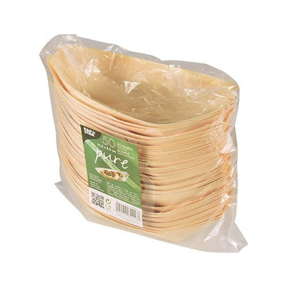 Uma embalagem selada da PAPSTAR GmbH contém 50 tigelas de finger food de madeira "pure" barquinhos com rótulo verde com marca, informações do produto e símbolos ambientais – ideal para servir finger food.