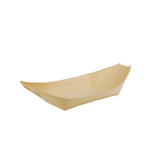 As 50 bandejas de madeira "pure" barquinhos da PAPSTAR GmbH são pequenas bandejas de madeira claras em forma de barcos achatados - ideais para a apresentação de finger food ecológico.