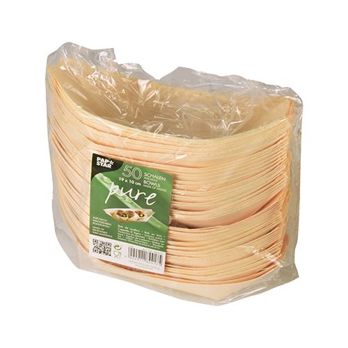 Uma embalagem transparente da PAPSTAR GmbH contém 50 tigelas de finger food "pure" feitas de madeira ("barquinhos"). O rótulo verde e branco mostra informações do produto e uma imagem de petiscos deliciosos, servidos em uma tigela oval de madeira ecológica.
