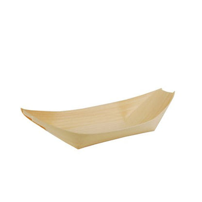 A bandeja de 50 bandejas de madeira "pure" "barquinhos" para finger food da PAPSTAR GmbH é uma pequena bandeja de madeira vazia com cantos elevados, ideal para servir finger food de forma sustentável, retratada diante de um fundo branco simples.